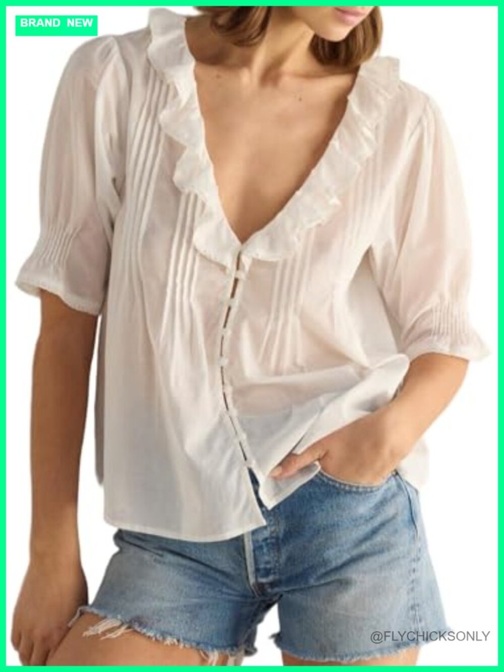 Boho Tie Front Puff Sleeve Blouse Chiffon Lace Trim Tunic Top